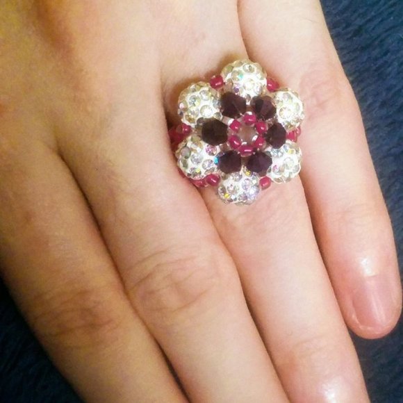 Boho Retro Shamballa /Disco Ball Flower Handcrafted Beaded Ring   Size 6-7 - Picture 2 of 5